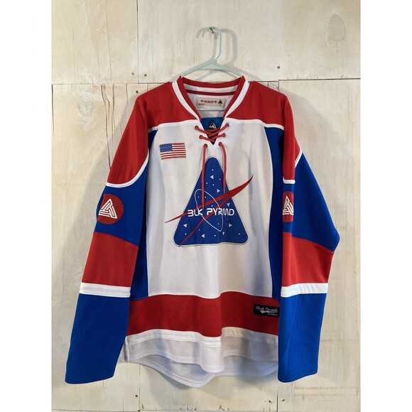 Black Pyramid Moon Walk Hockey Jersey Mens XL Red Blue White Embroidered - Picture 1 of 8